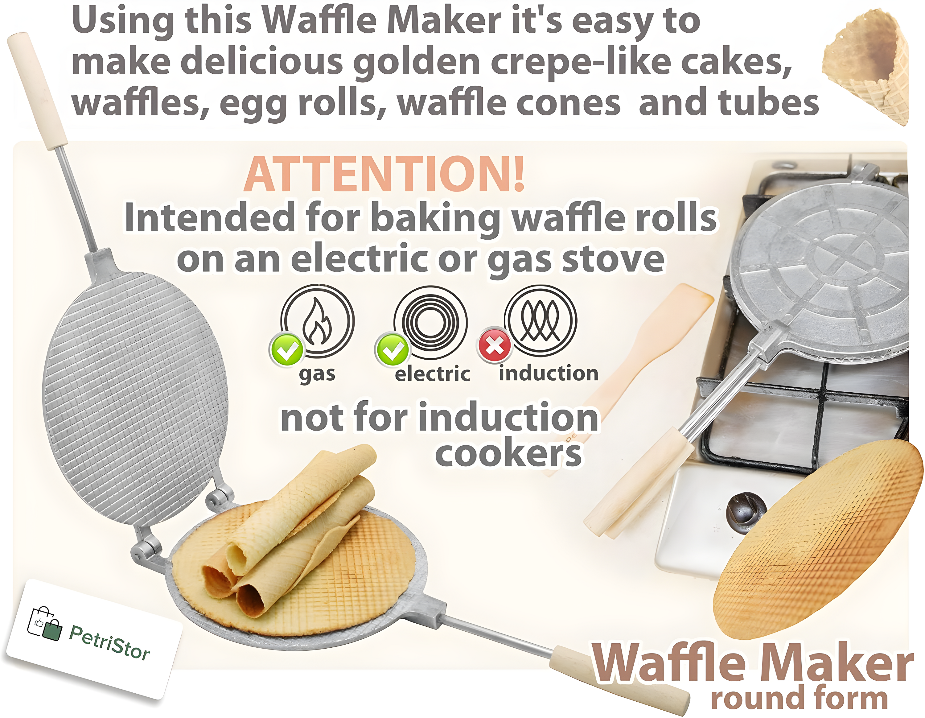 Waffle Maker - Waffle Cone Maker - Krumkake Iron - Wafer Maker - Waffle Makers - Waffle Cone Maker Machine - Stroopwafel Maker - Ice Cream - Wafer Iron Stroopwafel - Вафельница для трубочек