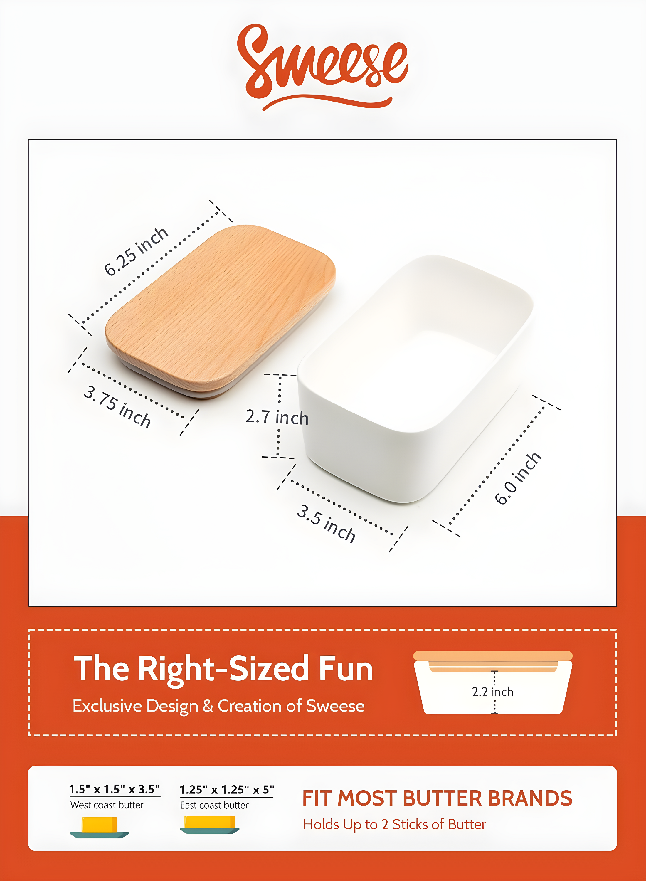 [new and improved] sweese 3151 large butter dish - airtight butter keeper holds up to 2 sticks of butter - porcelain container with beech