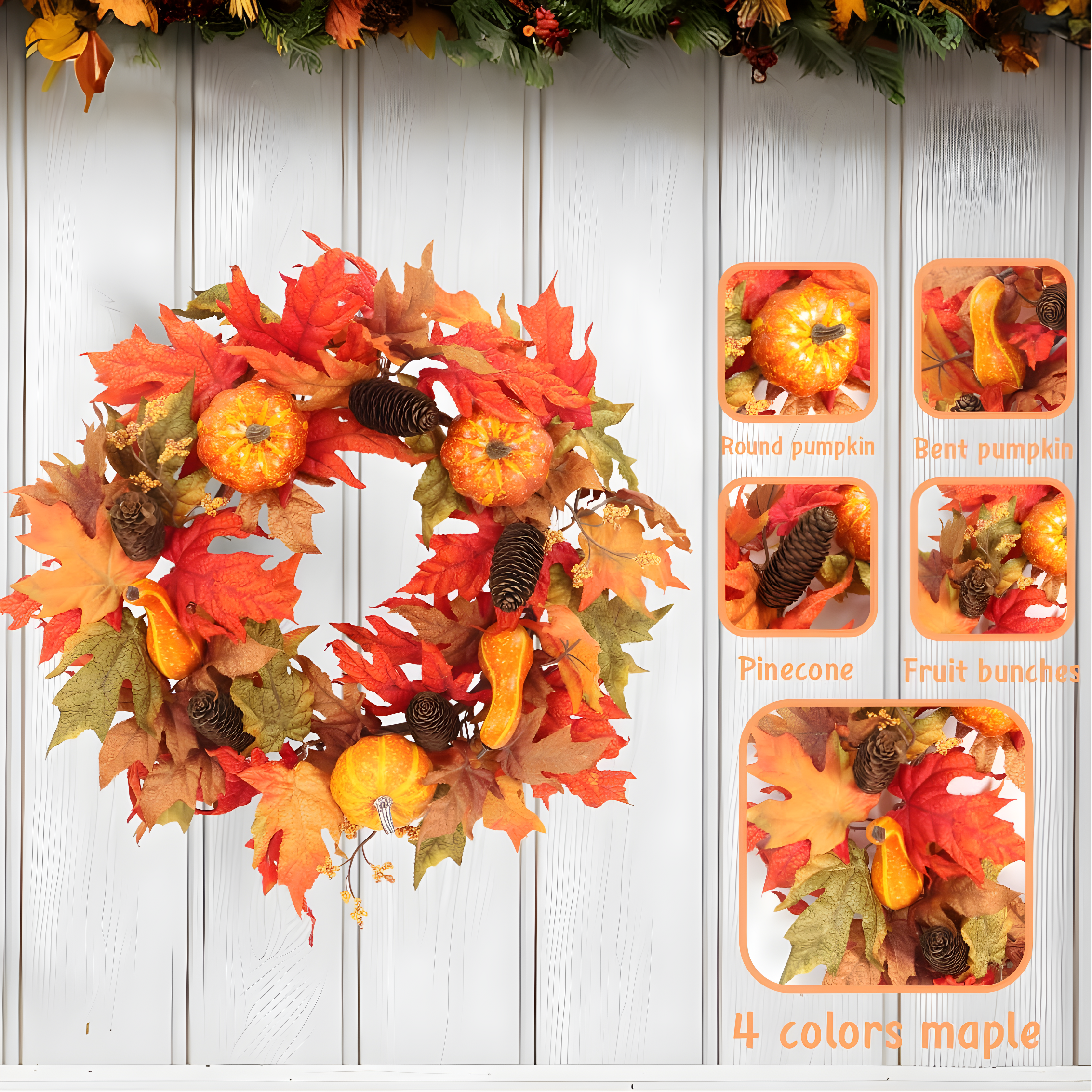 Fall Wreath 20’’ Autumn Front Door Wreath Harvest Wreath with Sunflower Pumpkins Berries Maple Leaves Daisies for Outside Indoor Home Wall Festival Thanksgiving Autumn Farmhouse Decor