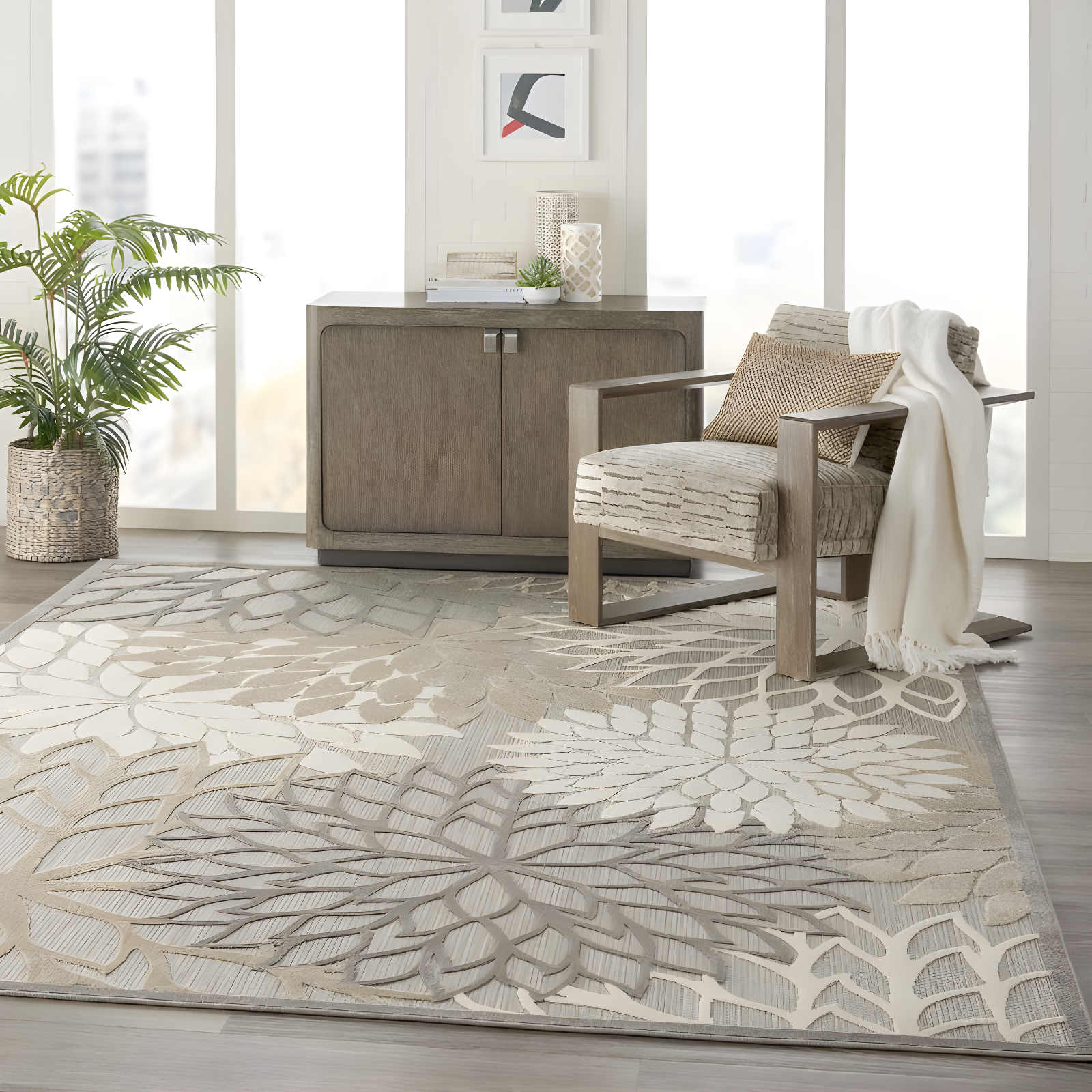 Nourison Aloha Floral Bloom Flatweave High-Low Indoor Outdoor Area Rug Natural 7' x 10'