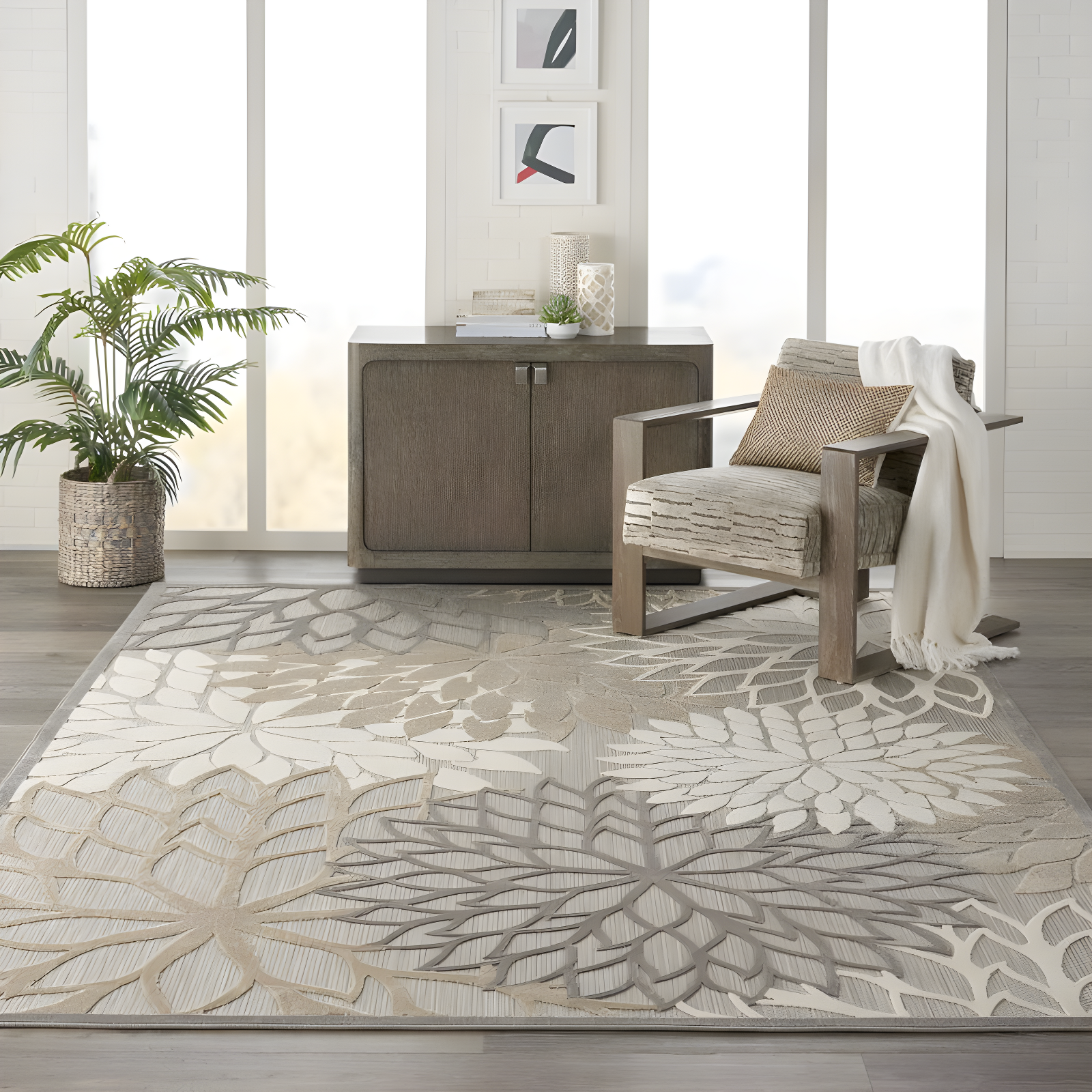 Nourison Aloha Floral Bloom Flatweave High-Low Indoor Outdoor Area Rug Natural 7' x 10'