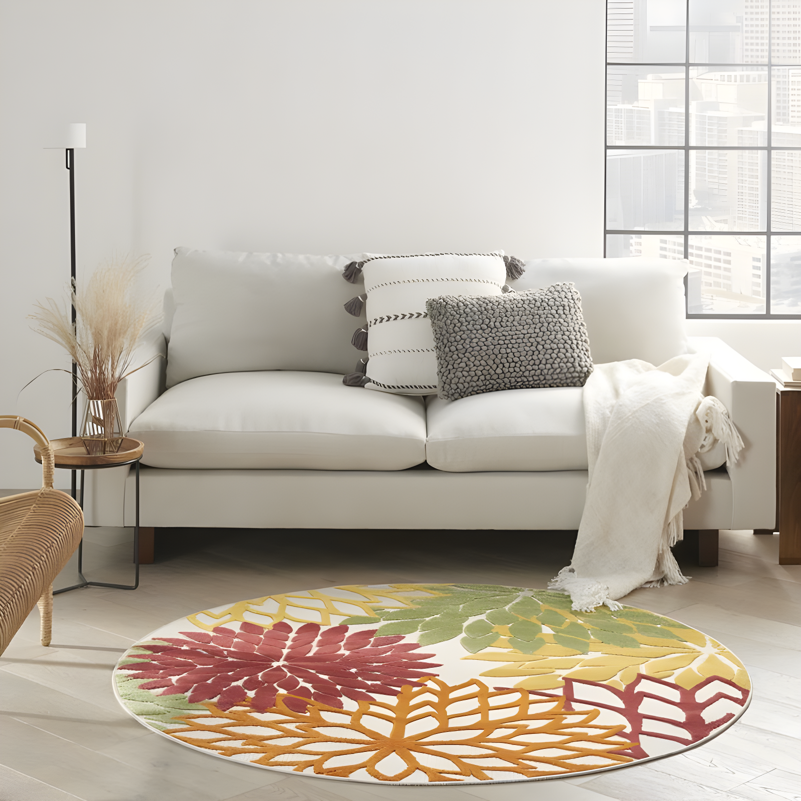 Nourison Aloha Floral Bloom Flatweave High-Low Indoor Outdoor Round Rug Red Multi Colored 5'3" x 5'3"