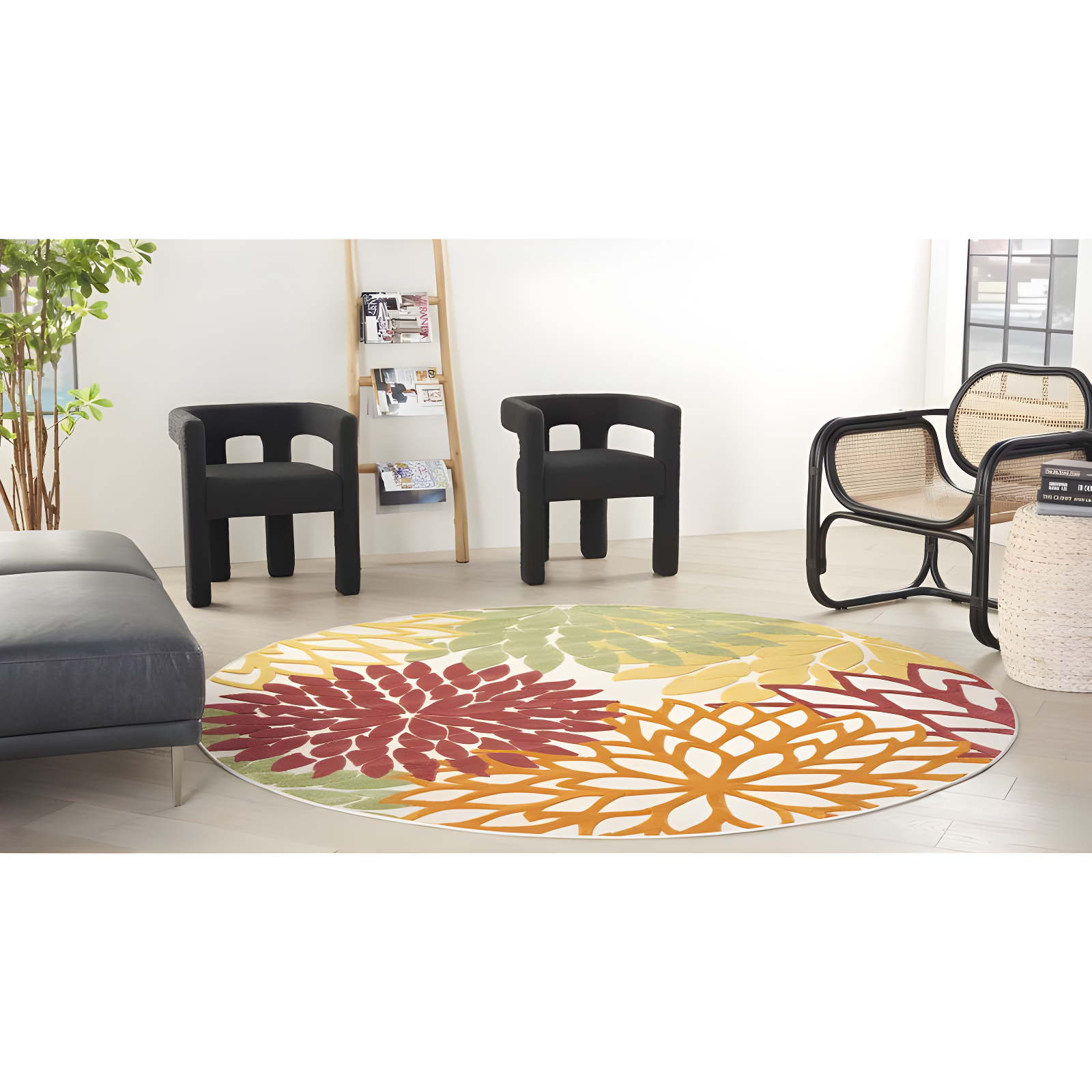 Nourison Aloha Floral Bloom Flatweave High-Low Indoor Outdoor Round Rug Red Multi Colored 5'3" x 5'3"