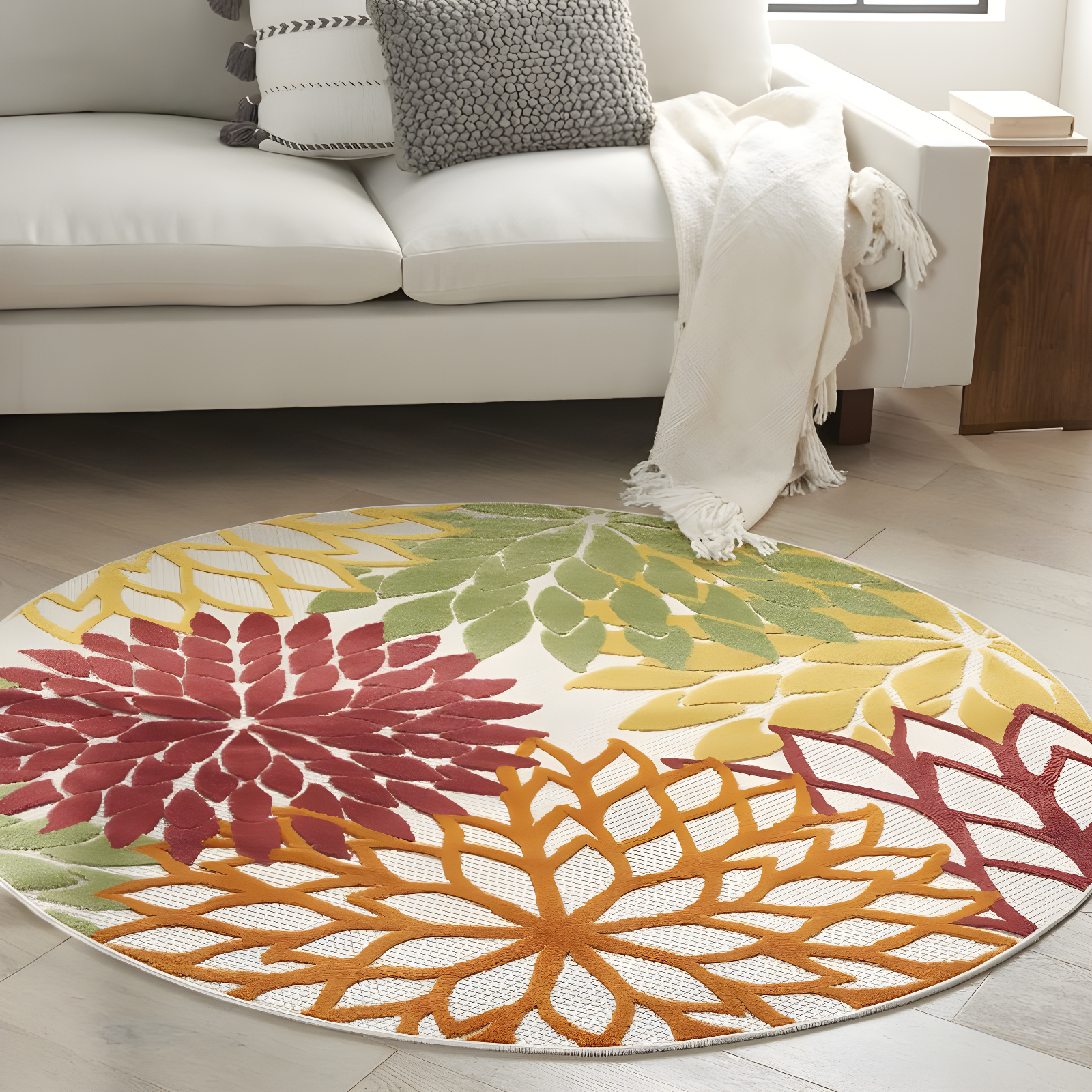 Nourison Aloha Floral Bloom Flatweave High-Low Indoor Outdoor Round Rug Red Multi Colored 5'3" x 5'3"