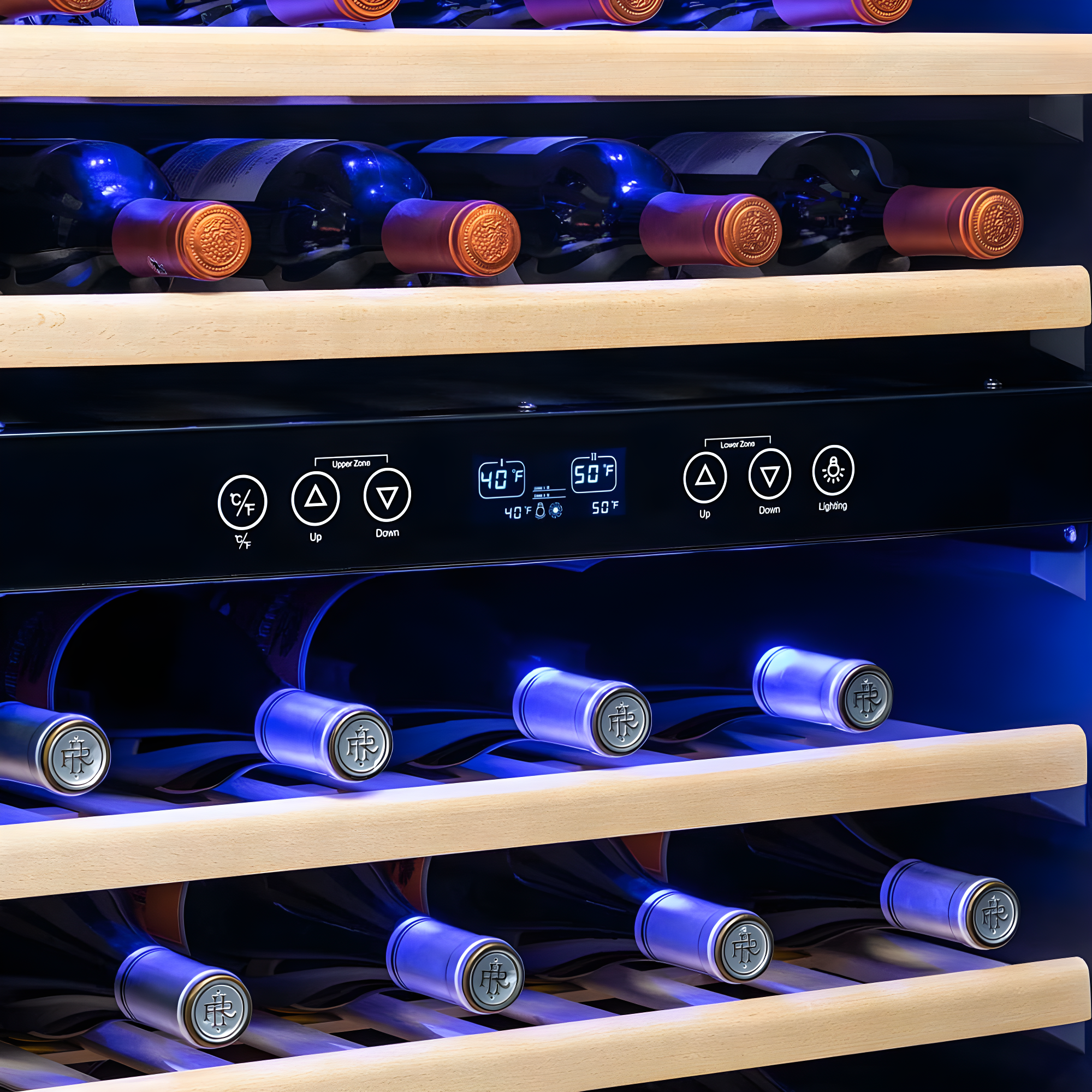 Newair 24” Built-in 46 Bottle Dual Zone Wine Cooler with Removable Beechwood Shelves in Black Stainless Steel