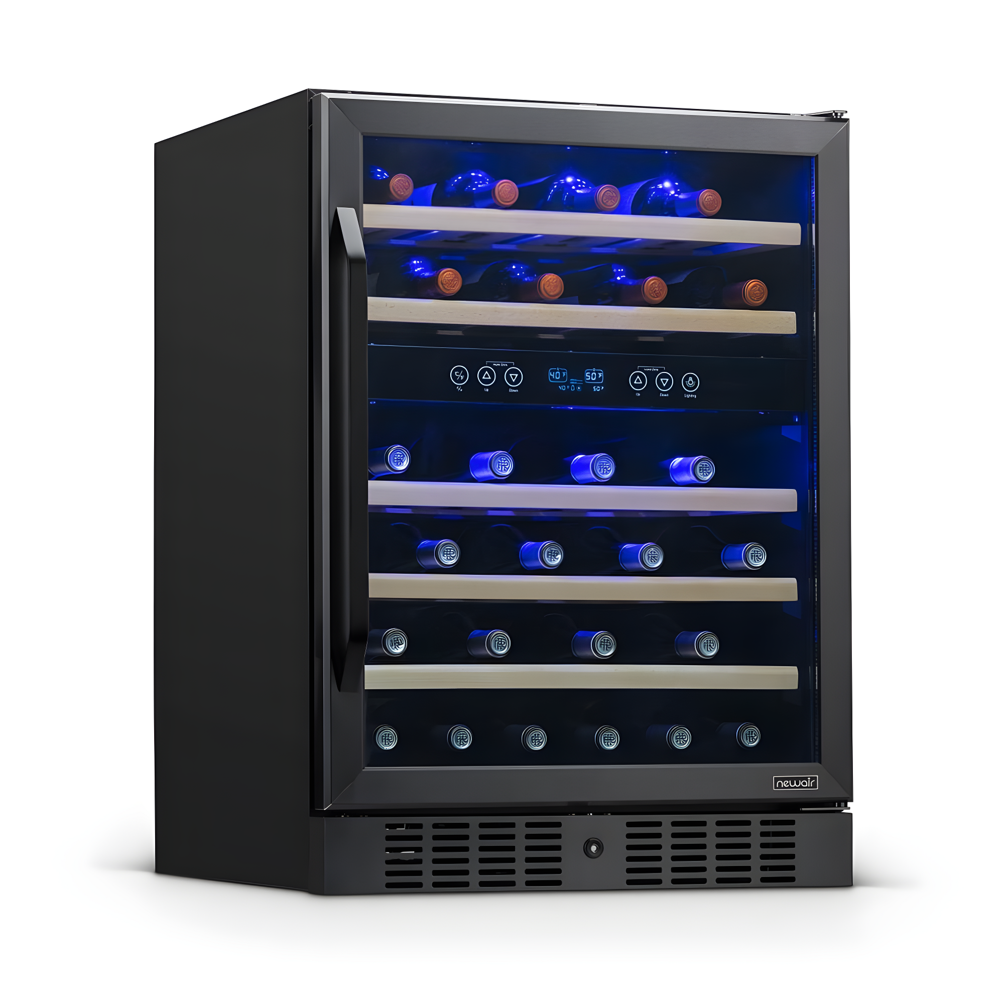 Newair 24” Built-in 46 Bottle Dual Zone Wine Cooler with Removable Beechwood Shelves in Black Stainless Steel