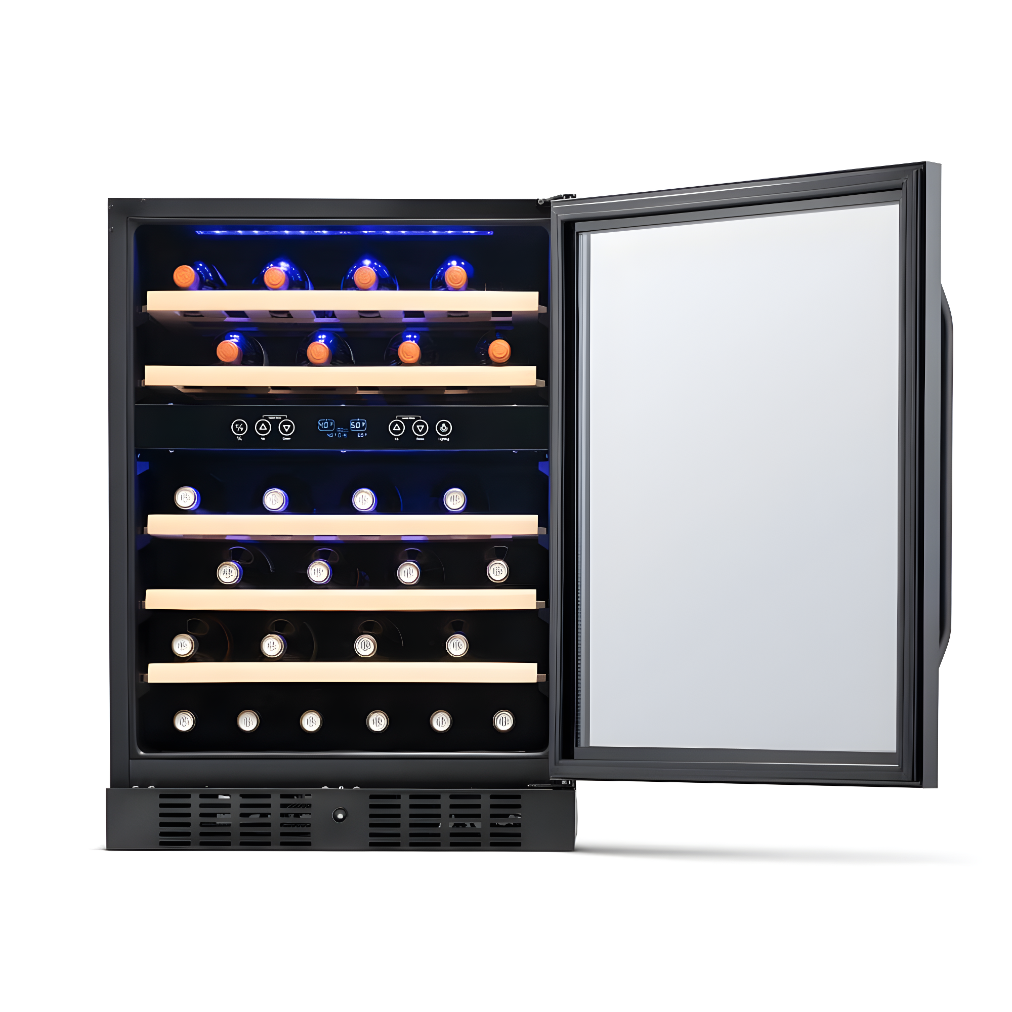 Newair 24” Built-in 46 Bottle Dual Zone Wine Cooler with Removable Beechwood Shelves in Black Stainless Steel