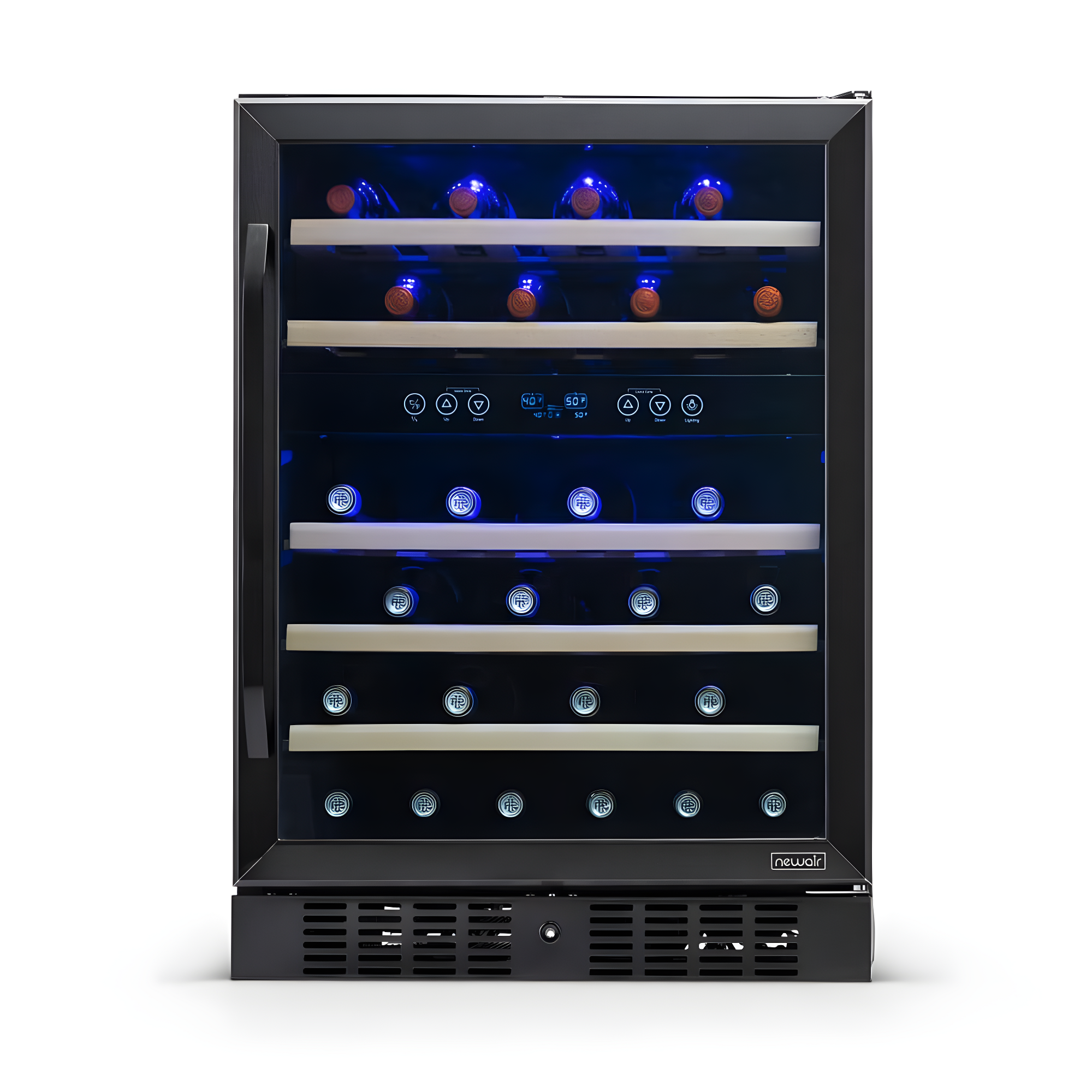 Newair 24” Built-in 46 Bottle Dual Zone Wine Cooler with Removable Beechwood Shelves in Black Stainless Steel