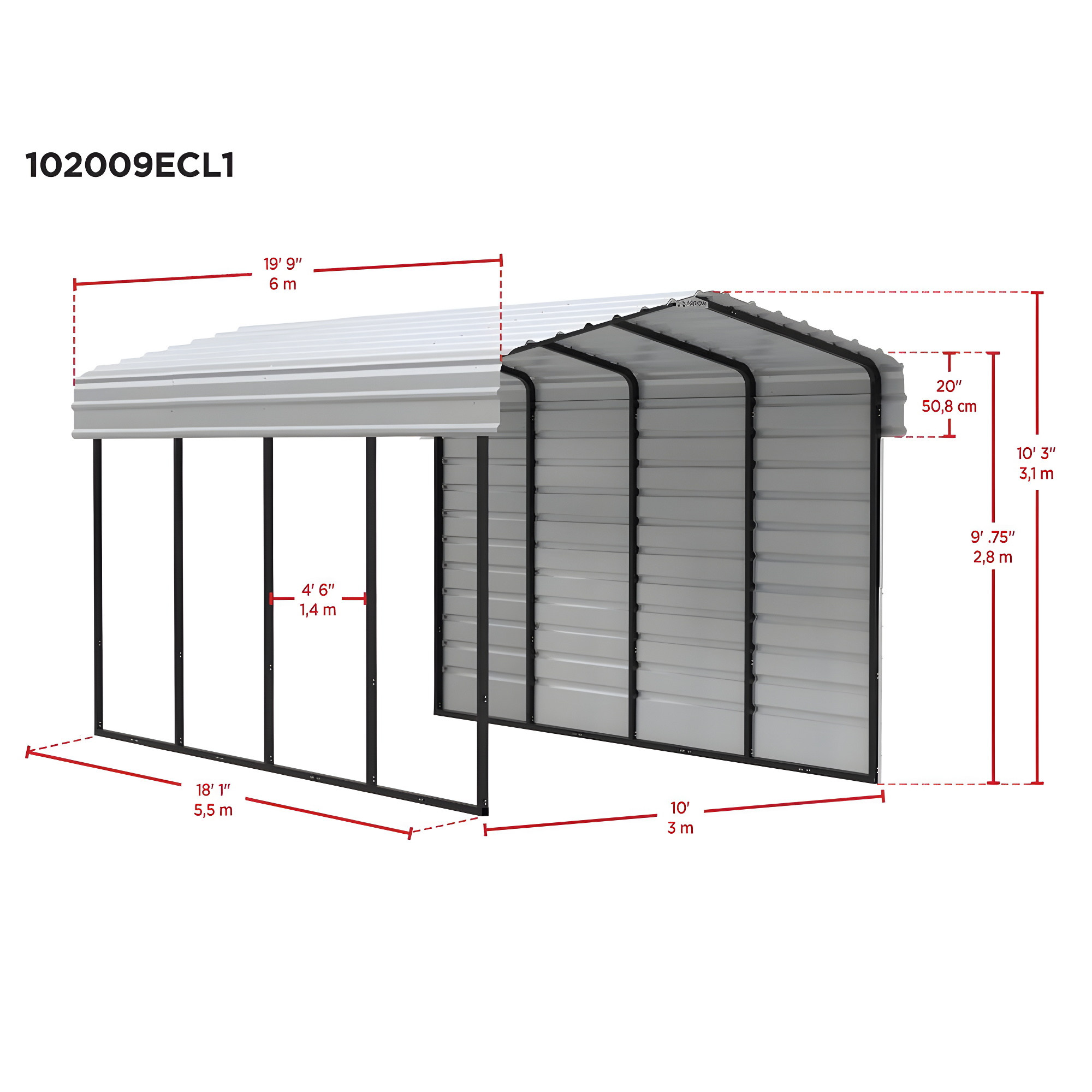Arrow Arrow Steel Carport with 1 Side Wall Kit, 10x20x09