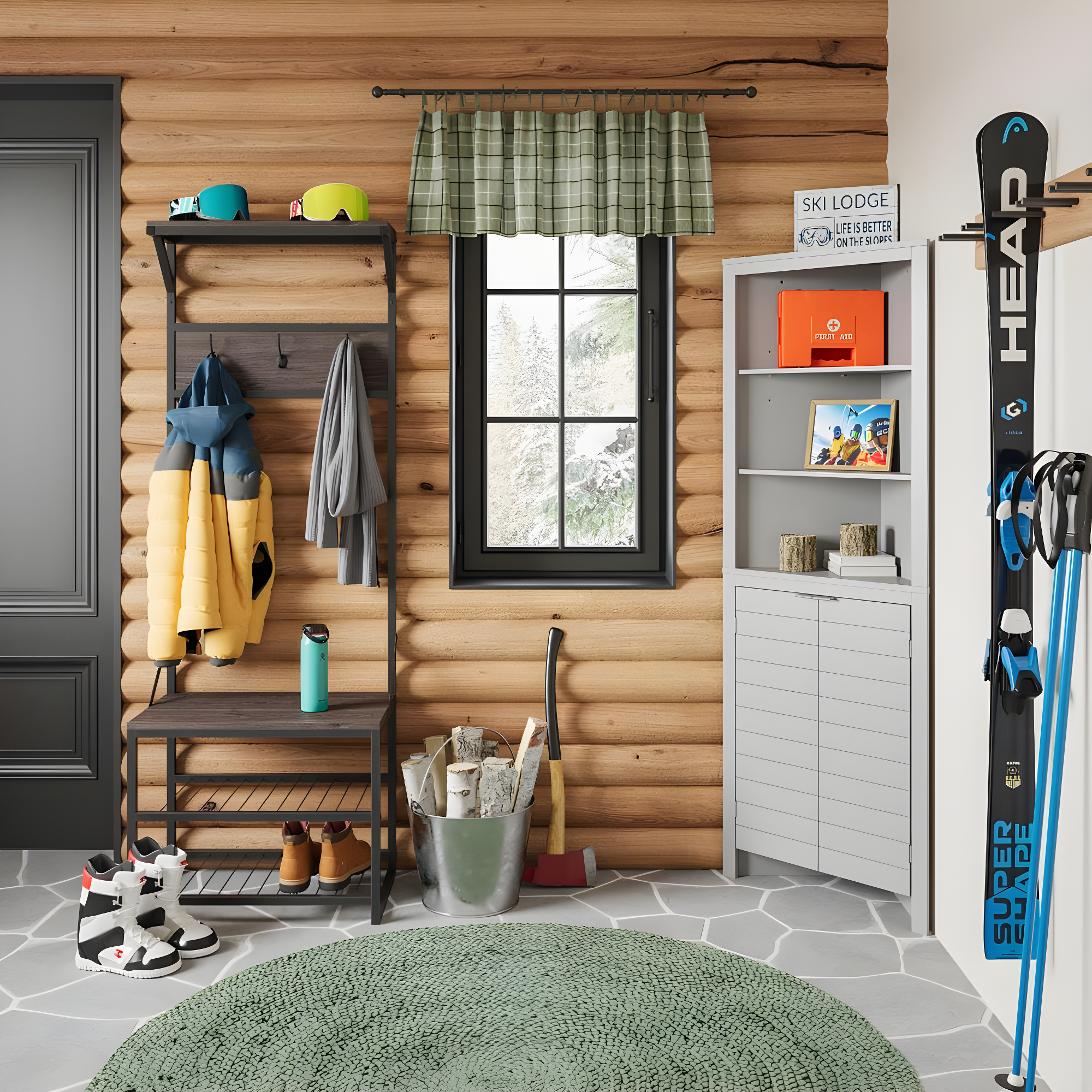RiverRidge Home RiverRidge Afton Hall Tree Shoe Storage Organizer Cabinet with Hooks and Top Storage Shelf Entryway Bench Seat - Weathered Woodgrain and Black Metal Frame
