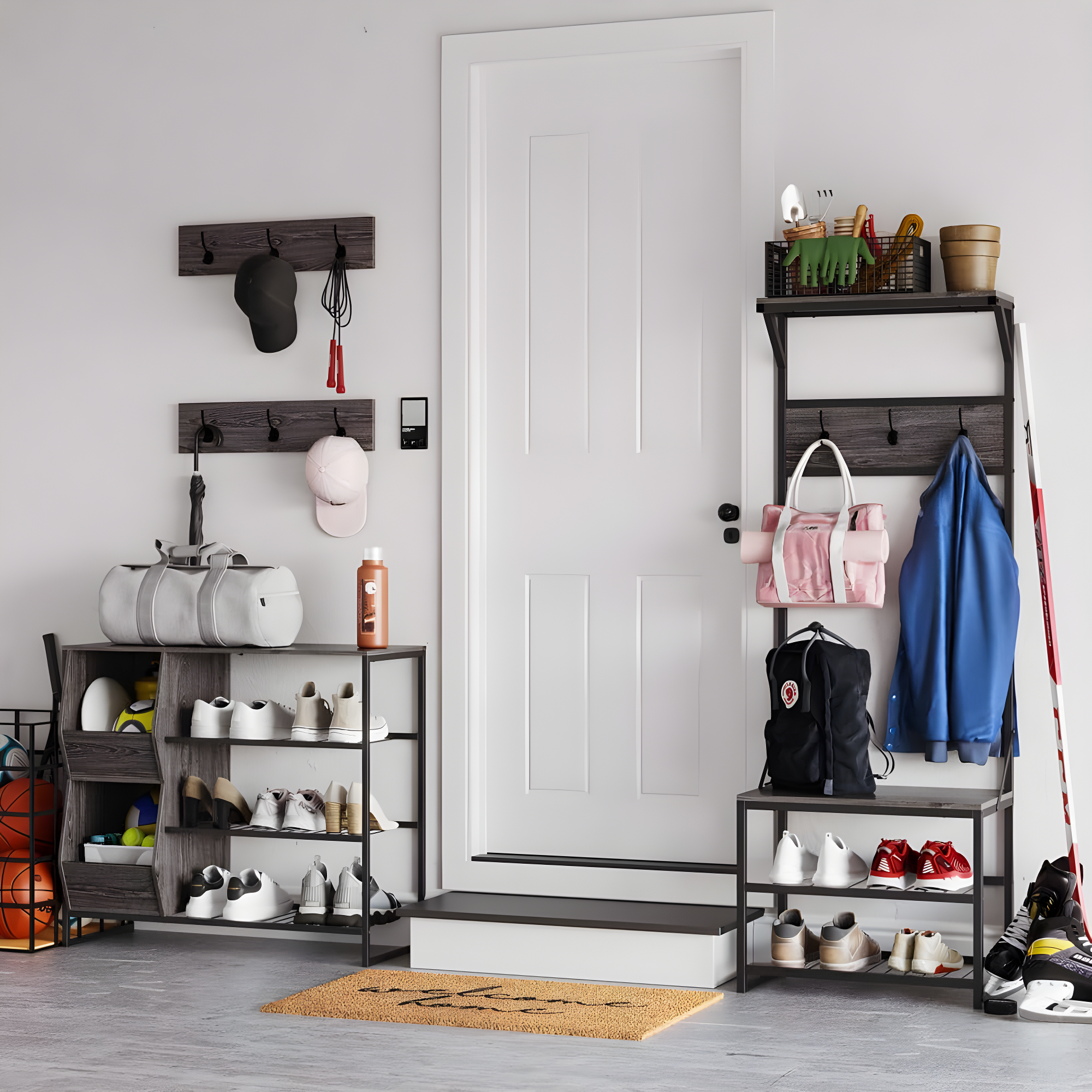 RiverRidge Home RiverRidge Afton Hall Tree Shoe Storage Organizer Cabinet with Hooks and Top Storage Shelf Entryway Bench Seat - Weathered Woodgrain and Black Metal Frame