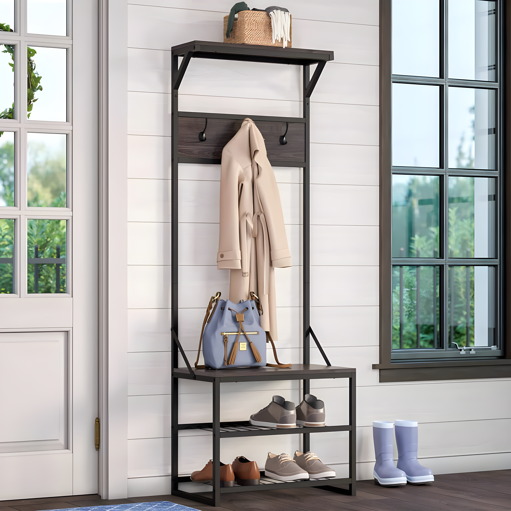 RiverRidge Home RiverRidge Afton Hall Tree Shoe Storage Organizer Cabinet with Hooks and Top Storage Shelf Entryway Bench Seat - Weathered Woodgrain and Black Metal Frame