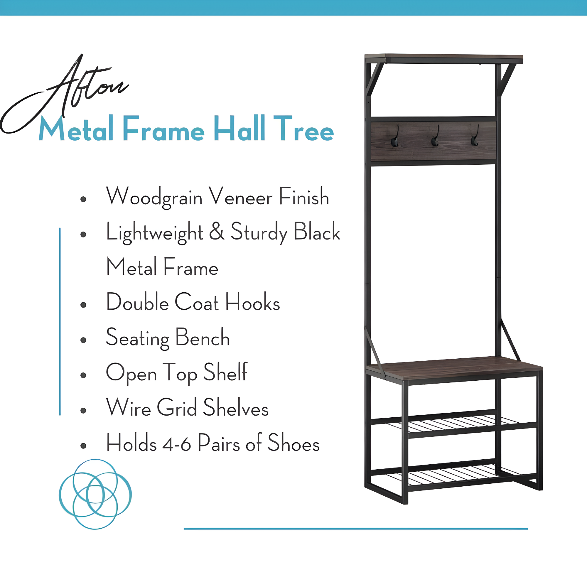 RiverRidge Home RiverRidge Afton Hall Tree Shoe Storage Organizer Cabinet with Hooks and Top Storage Shelf Entryway Bench Seat - Weathered Woodgrain and Black Metal Frame