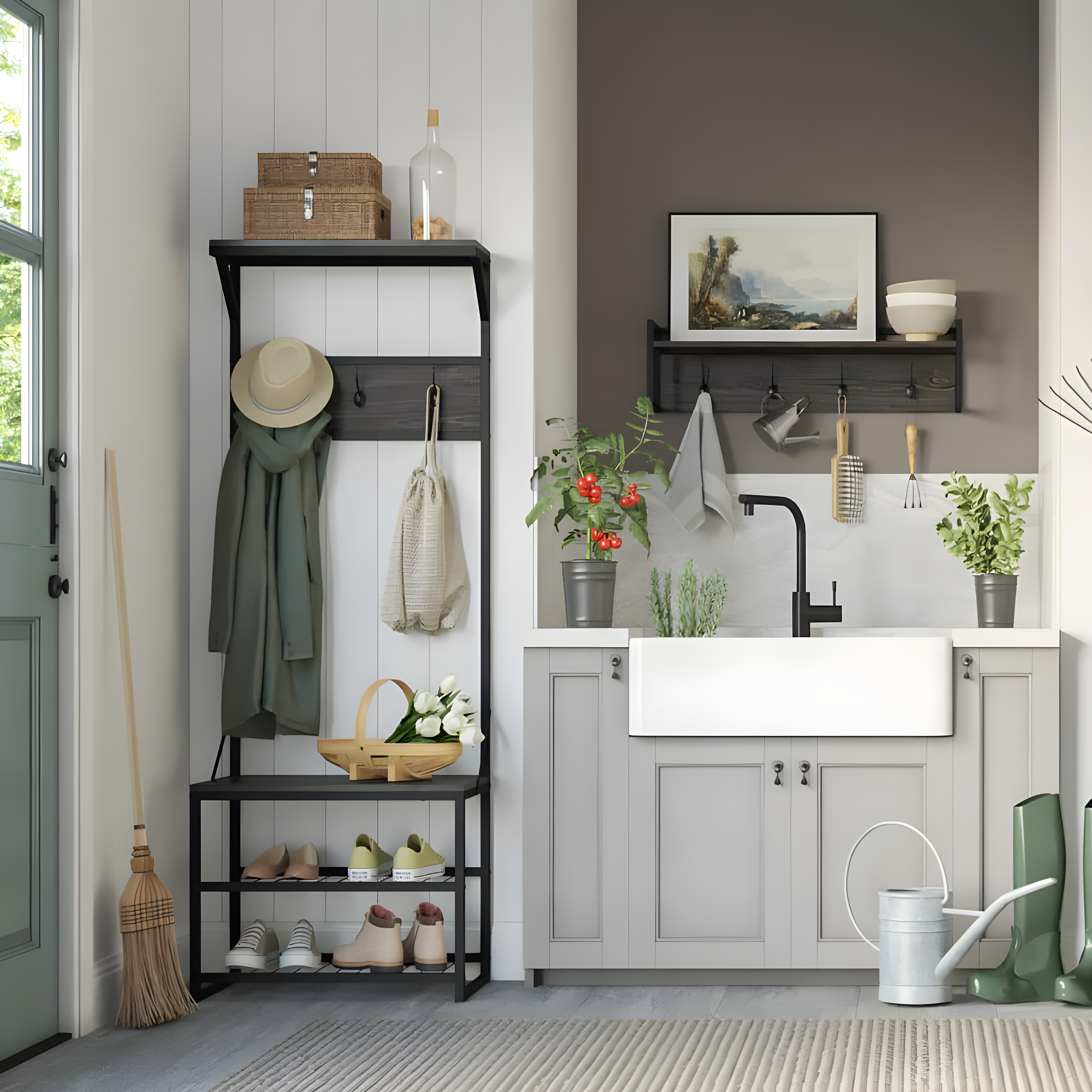 RiverRidge Home RiverRidge Afton Hall Tree Shoe Storage Organizer Cabinet with Hooks and Top Storage Shelf Entryway Bench Seat - Weathered Woodgrain and Black Metal Frame