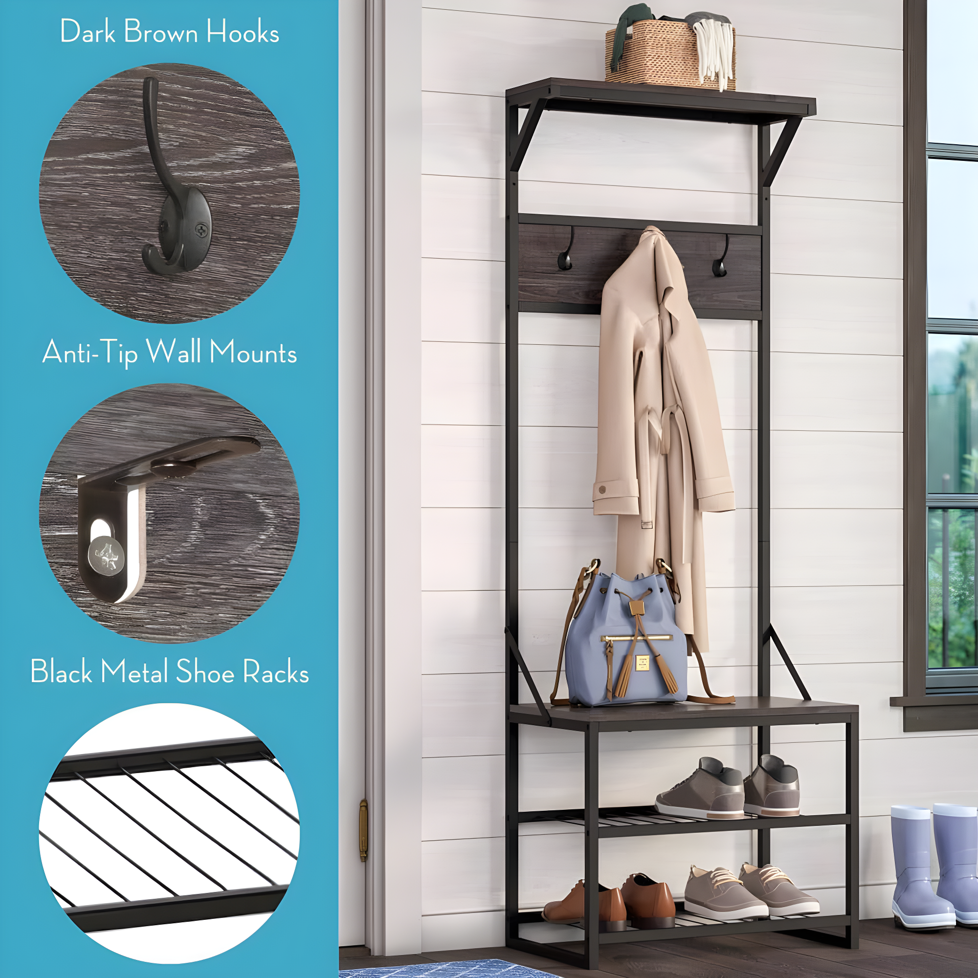 RiverRidge Home RiverRidge Afton Hall Tree Shoe Storage Organizer Cabinet with Hooks and Top Storage Shelf Entryway Bench Seat - Weathered Woodgrain and Black Metal Frame