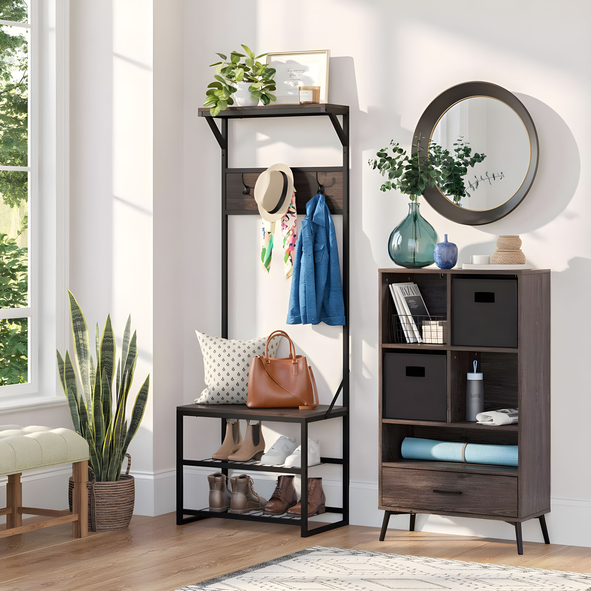 RiverRidge Home RiverRidge Afton Hall Tree Shoe Storage Organizer Cabinet with Hooks and Top Storage Shelf Entryway Bench Seat - Weathered Woodgrain and Black Metal Frame