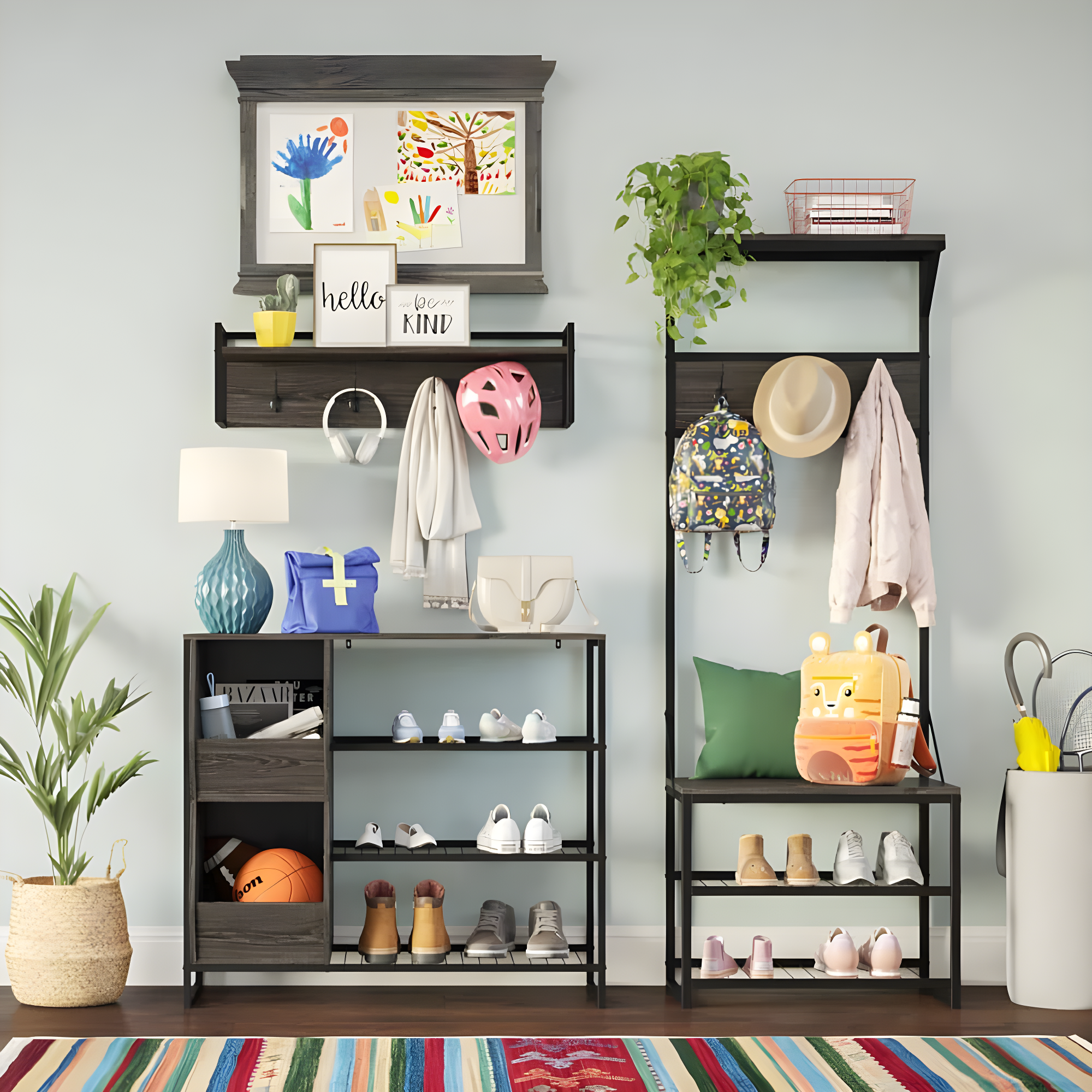 RiverRidge Home RiverRidge Afton Hall Tree Shoe Storage Organizer Cabinet with Hooks and Top Storage Shelf Entryway Bench Seat - Weathered Woodgrain and Black Metal Frame