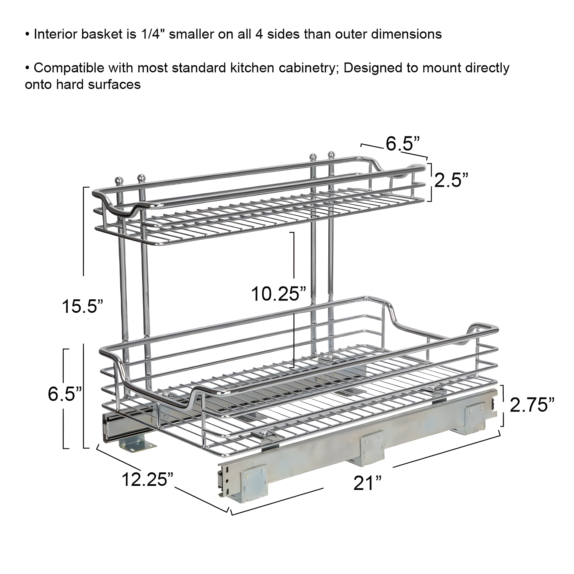 Glidez Multipurpose Chrome-Plated Steel Pull-Out/Slide-Out Storage Organizer for Under Sink or Under Cabinet Use - 2-Tier Design - Chrome