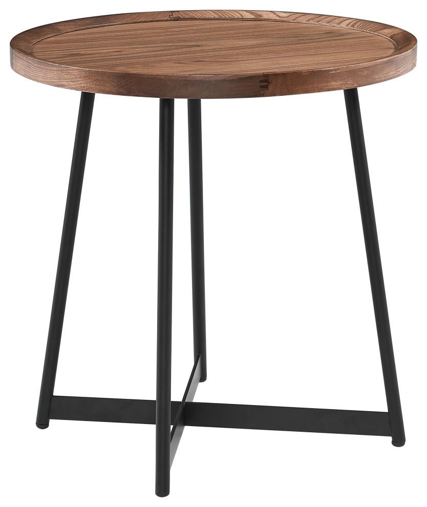 Niklaus 23" Round Walnut Veneer Side Table with X-Shaped Steel Base