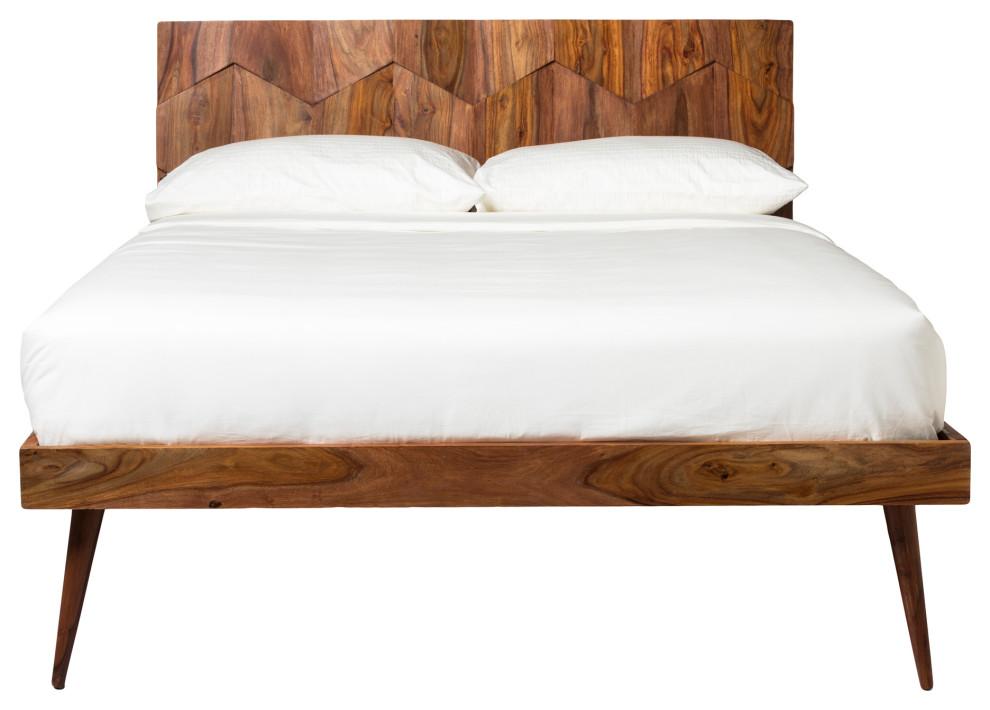 Deluxe Mid-Century Modern Sheesham Wood Queen Platform Bed with Storage