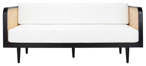 Helena Ivory Linen and Natural French Cane Twin Daybed with Drawer