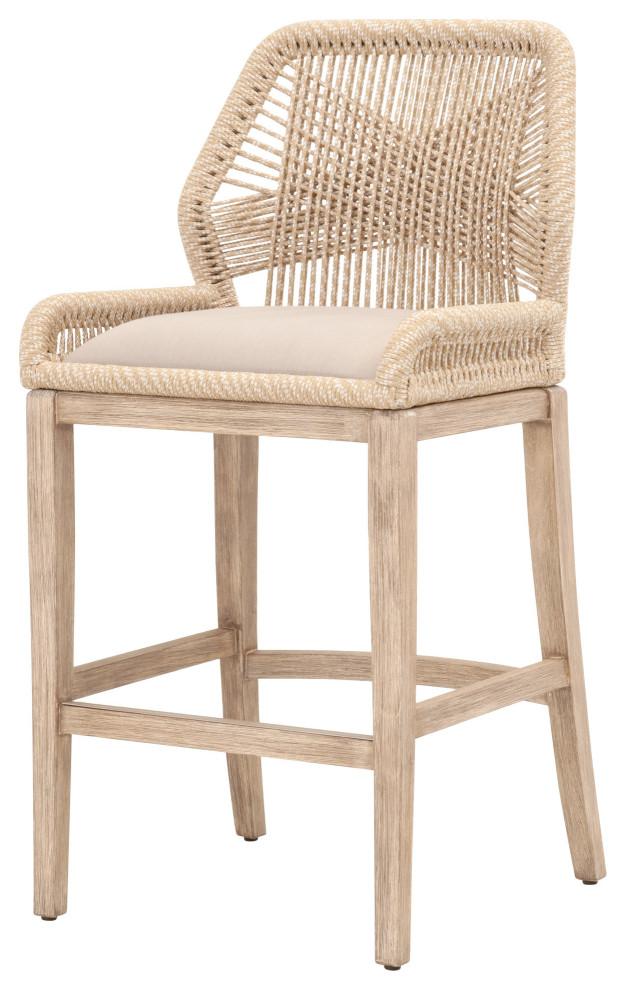 Coastal Loom Barstool with Mahogany Legs and Platinum Rope, Natural Gray