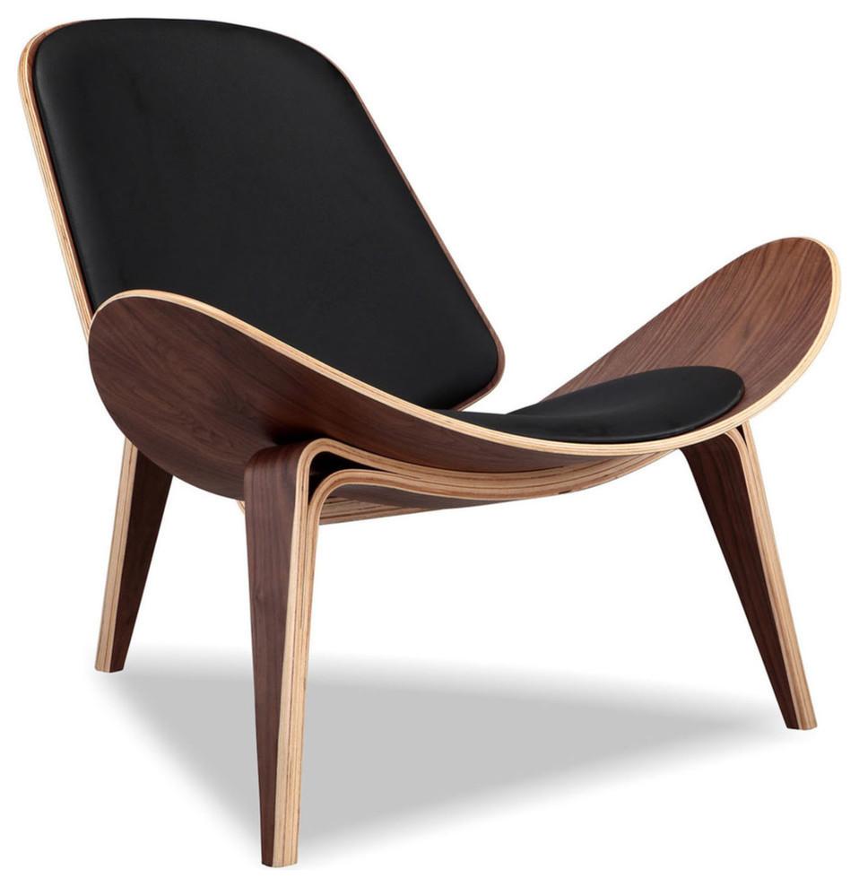 Handcrafted Black Leather and Walnut Lounge Chair