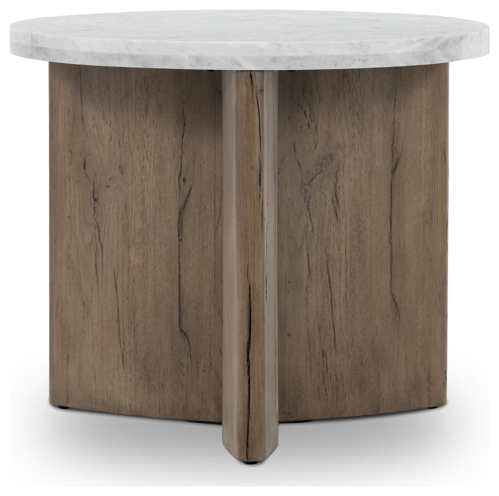 Contemporary Bianco Oak Round End Table with Italian Marble Top