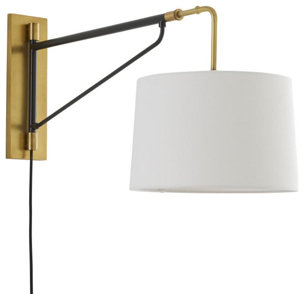 Adjustable Two-Toned Bronze & Black Sconce with White Linen Shade