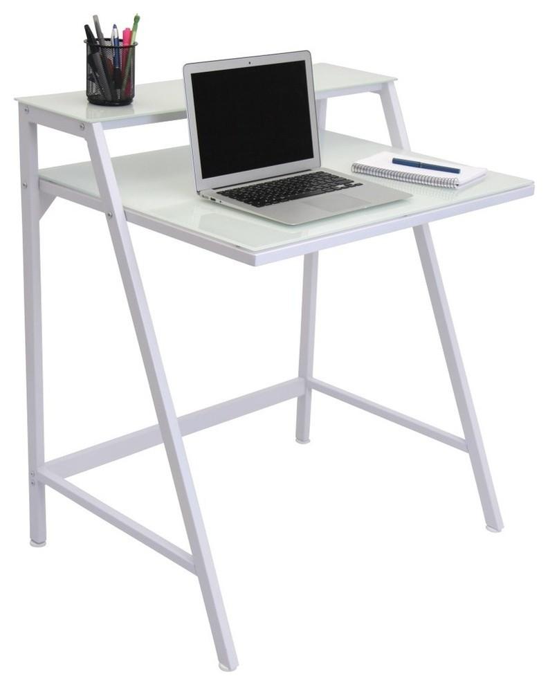 Indoor Furniture 2-Tier Contemporary Office Desk - Metal, Tempered Glass In White