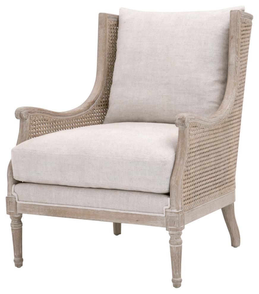 Transitional Gray Velvet & Wood Club Chair with Rattan Accents