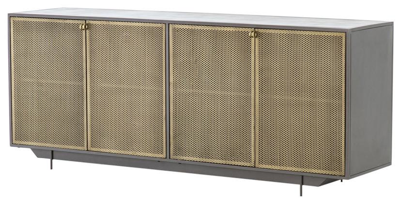 Modern Gold & Gray Iron Sideboard with Perforated Brass Detailing