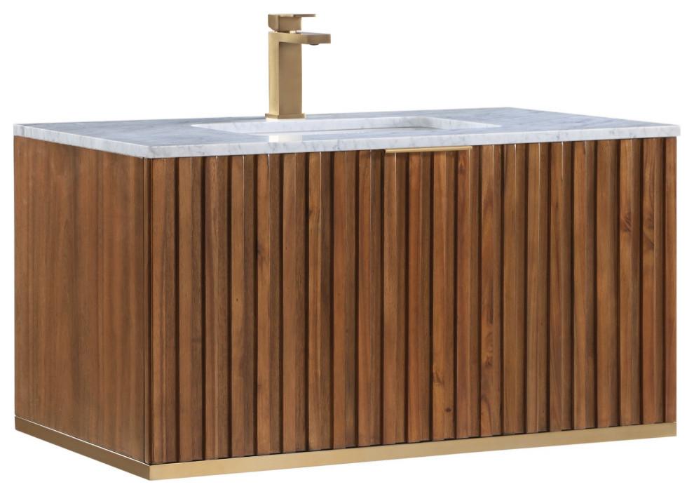 Terra 36" Walnut Wall-Mounted Single Sink Vanity with Marble Top