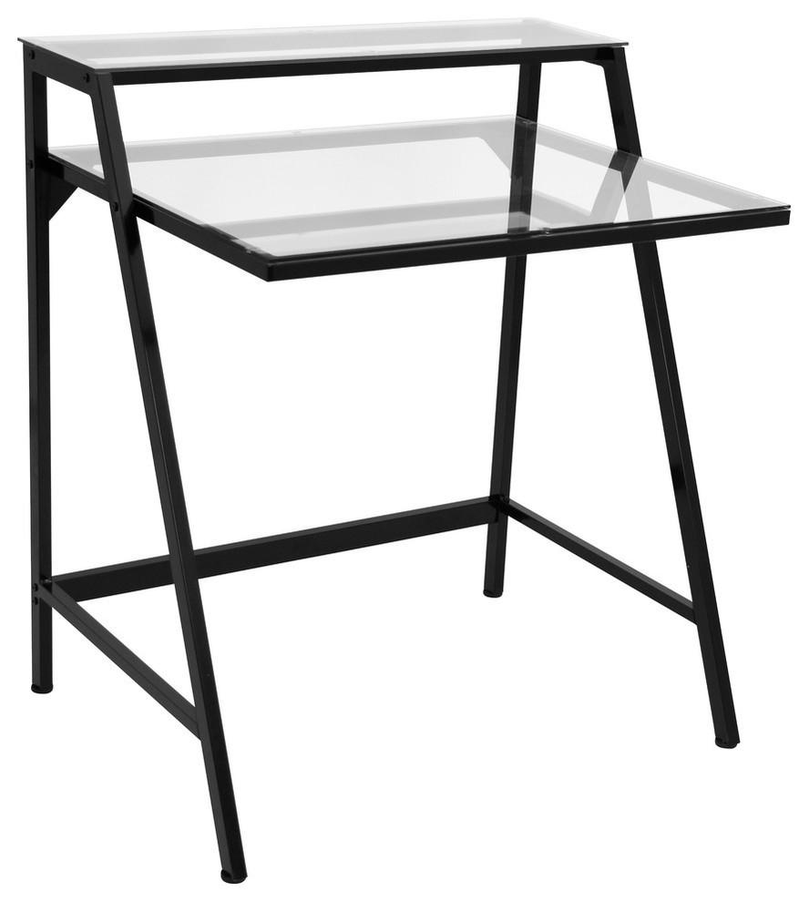 Compact Black Metal 2-Tier Desk with Tempered Glass Hutch