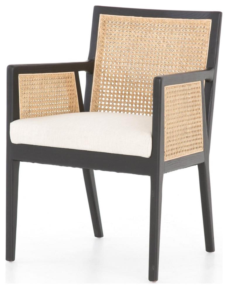 Savile Flax Linen & Cane Upholstered Arm Chair in Brushed Ebony