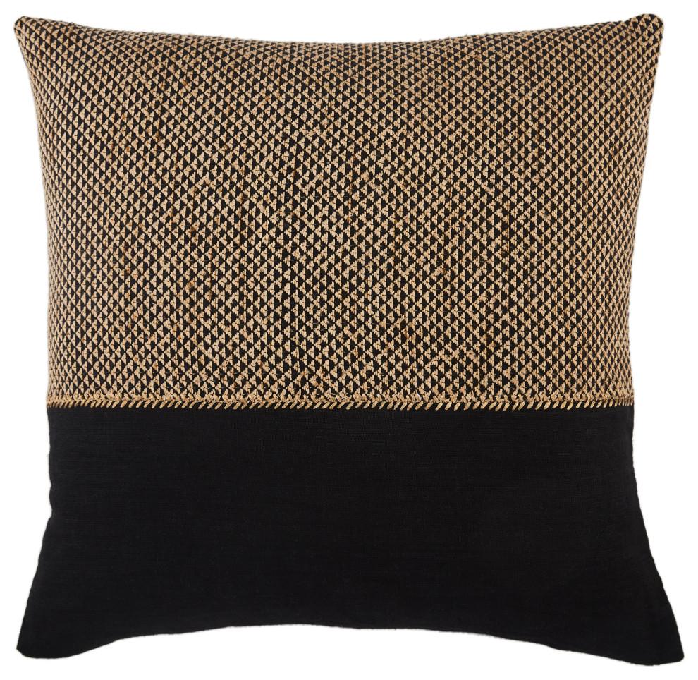 Sila Round Embroidered Linen-Blend 22" Throw Pillow in Tan & Black