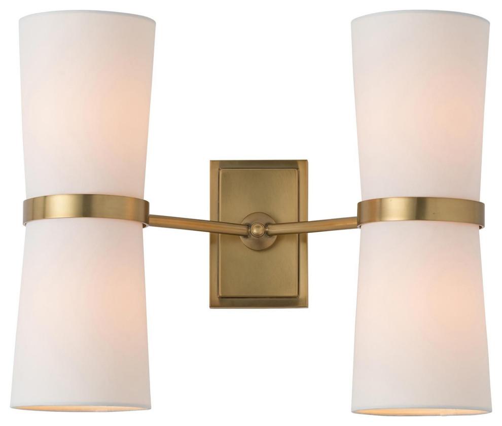 Inwood Antique Brass 15" Wall Sconce with Off-White Linen Shades