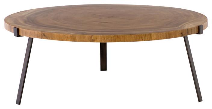 Modern Minimalist Round Blonde Guanacaste Wood & Bronze Metal Coffee Table