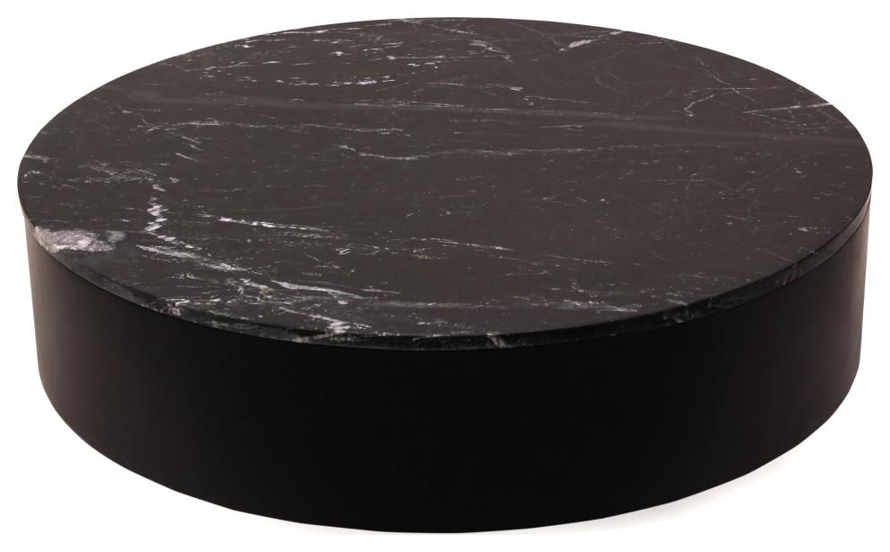 Transitional Round Black Wood Coffee Table with Storage