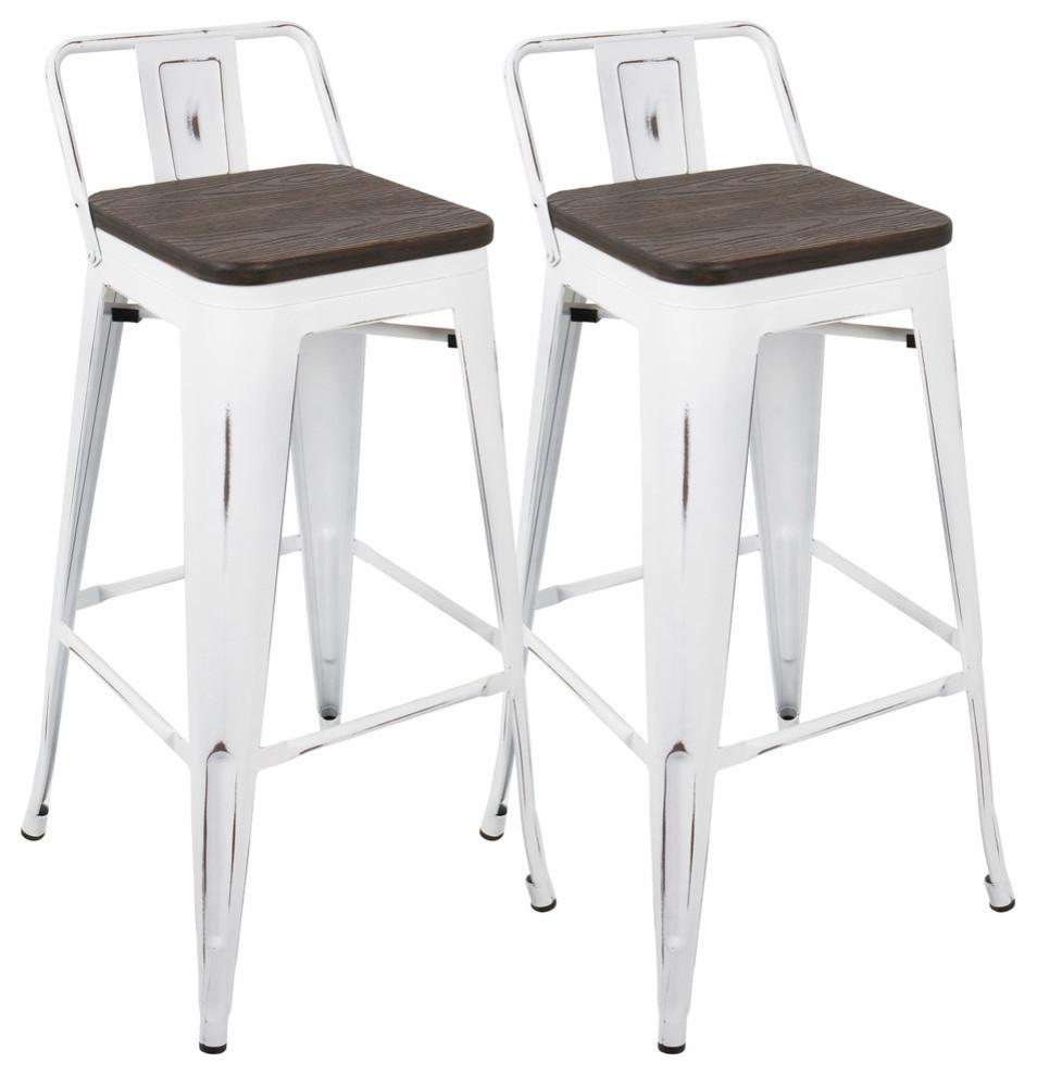 Vintage White Steel and Bamboo 35.7" Industrial Stool