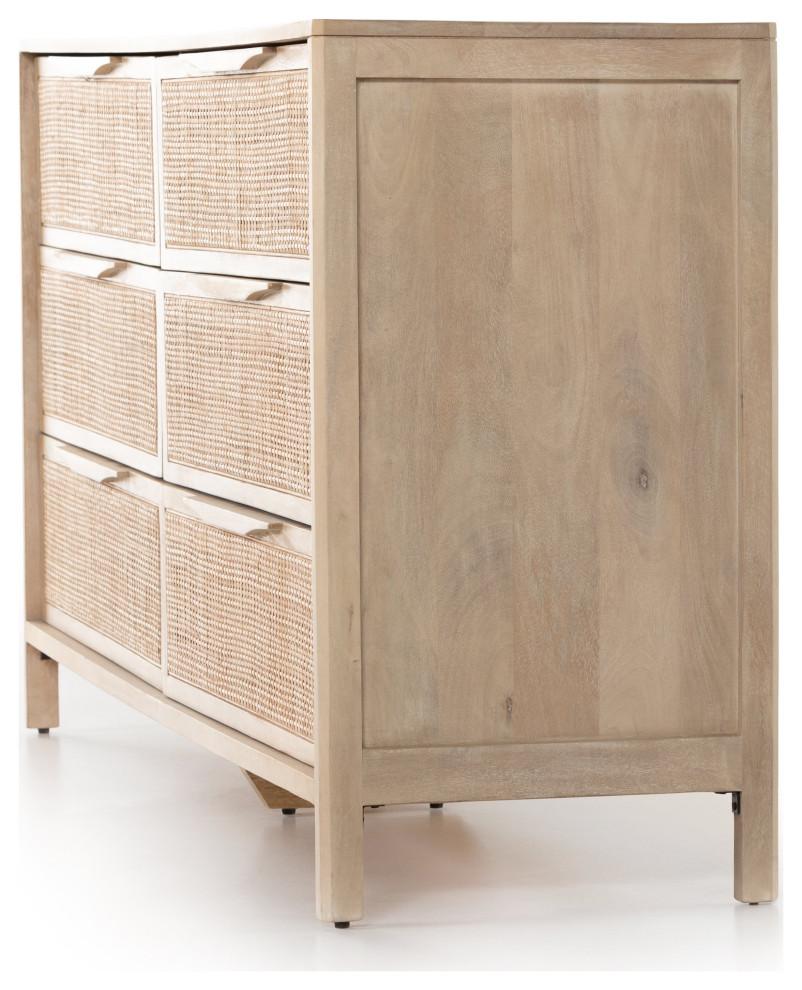 Coastal Charm Double Dresser with Mirror in Natural Mango & Woven Cane