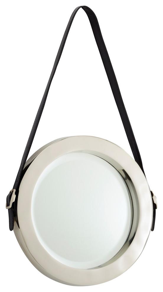 Contemporary Silver Leather-Strap Round Wall Mirror