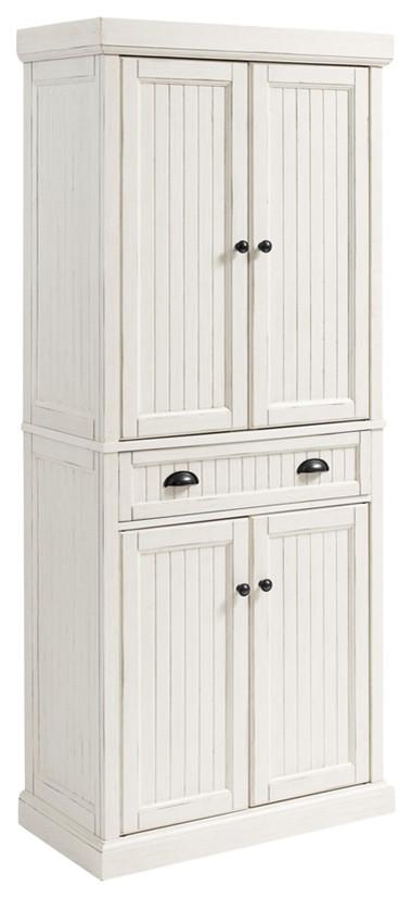 Seaside Distressed White Solid Wood Kitchen Pantry with Adjustable Shelves