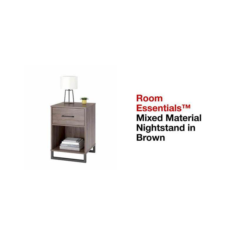 Mixed Material Dorm Nightstand Natural - Room Essentials™: Spacious Drawer, Open Shelf, Metal Legs