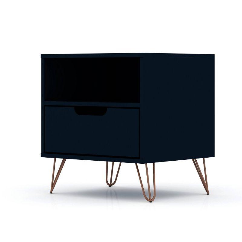 Manhattan Comfort 1.0 Rockefeller Nightstand Blue: Modern Bedside Table with Storage, Shelving & Metal Glides