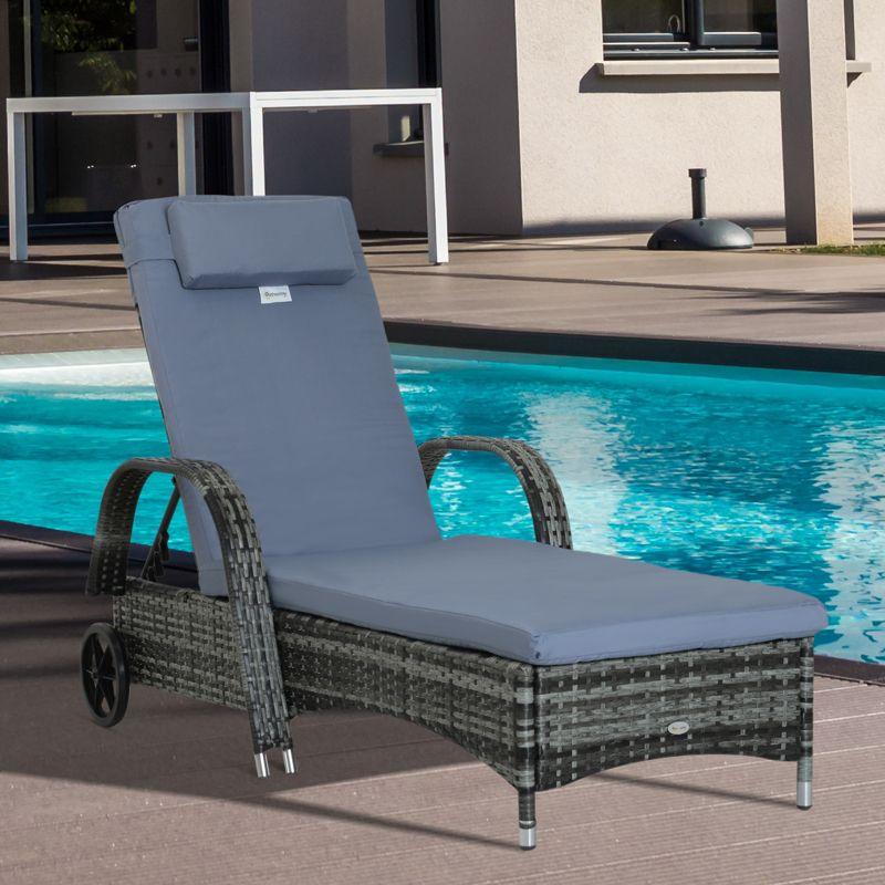 Outsunny Patio Wicker Chaise Lounge, PE Rattan Outdoor Lounge Chair with Cushion, Height Adjustable Backrest & Wheels