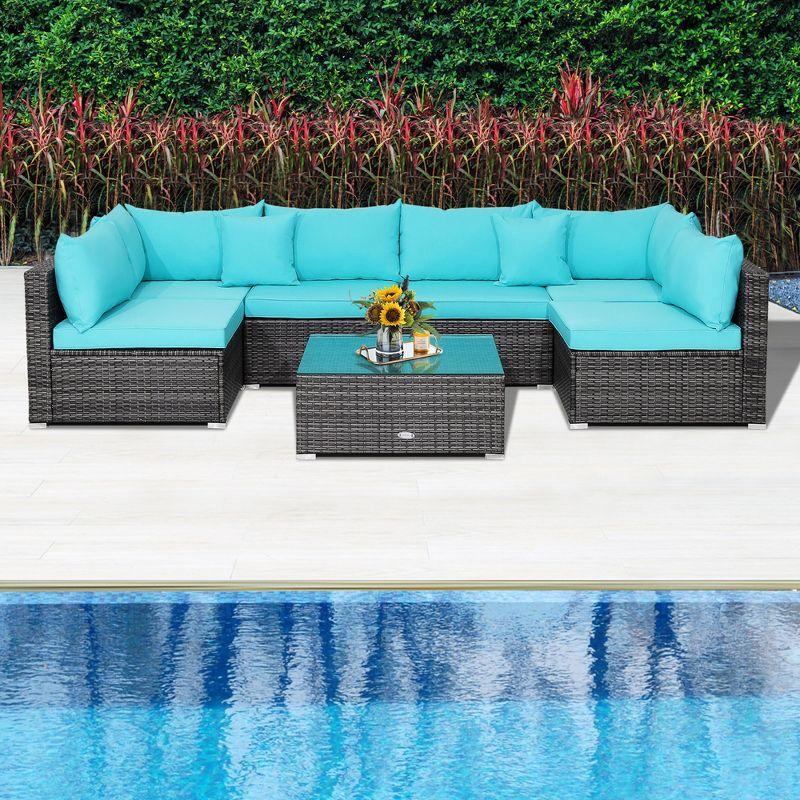 Costway 7PCS Patio Rattan Furniture Set Sectional Sofa Cushioned Turquoise