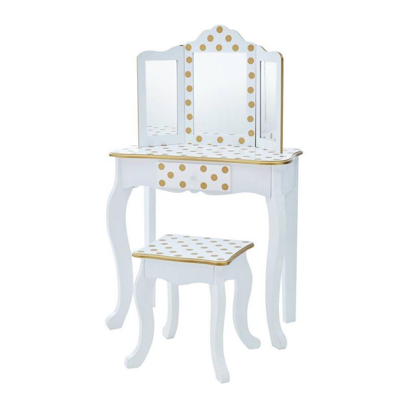 White and Gold Polka Dot Kids Vanity Set with Bench