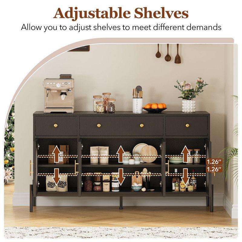 62" Large Sideboard Buffet Cabinet with Storage and 3 Drawers, Buffet Table Coffee Bar Storage Cabinet with 4 Glass Doors