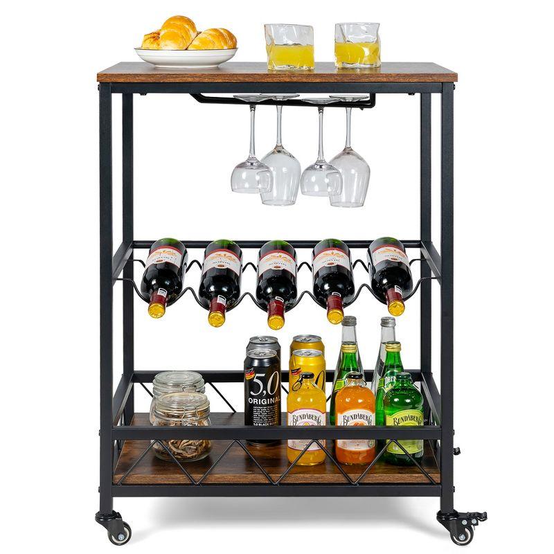 Rustic Brown and Black Rolling Bar Cart with Wine Rack